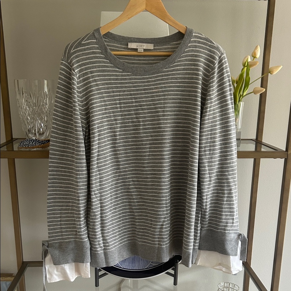 LOFT Gray and White Striped Multi-Media Crewneck Sweater